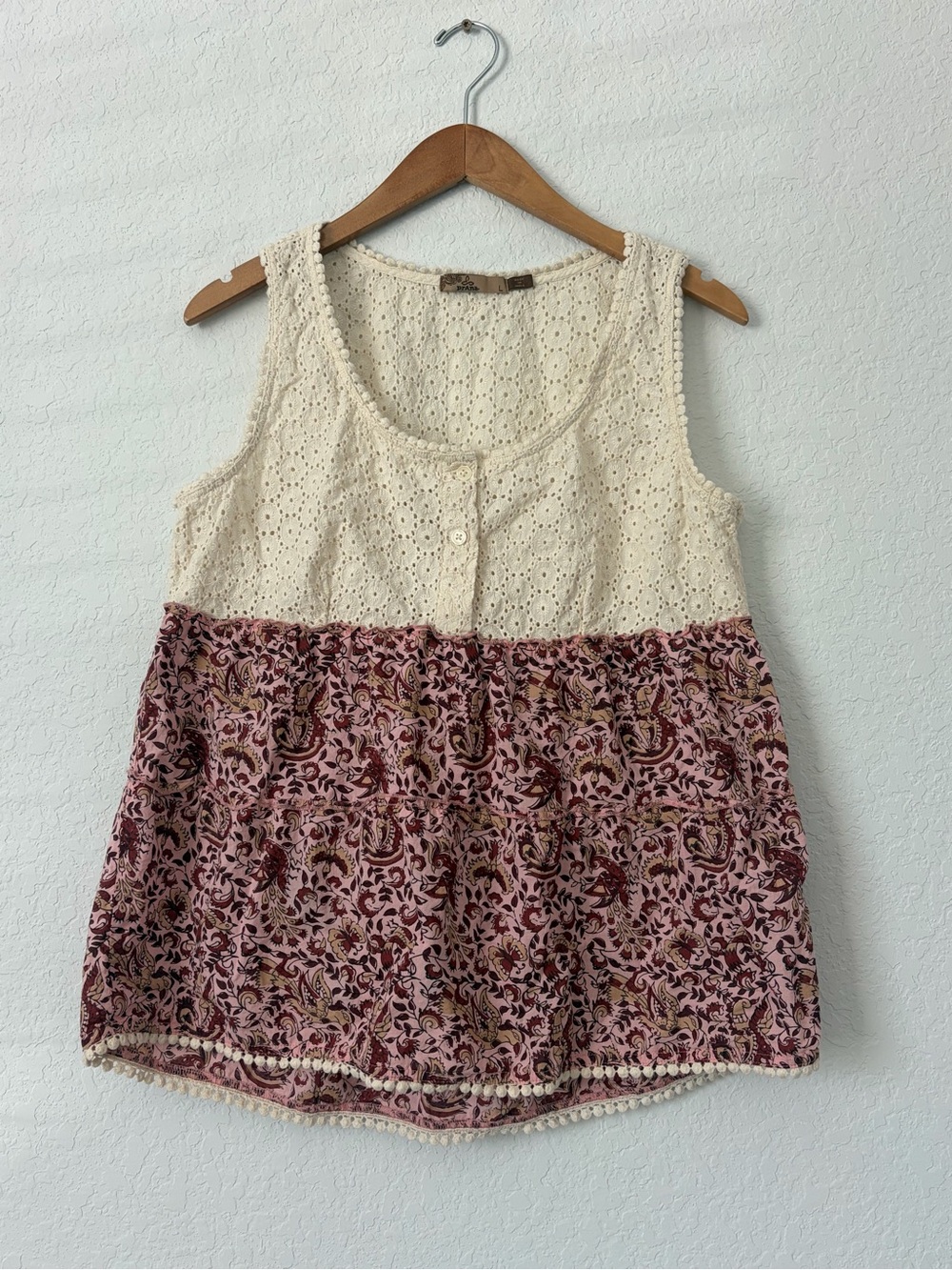Prana L Cream Crochet Bodice & Pink Floral Tiered Camisole